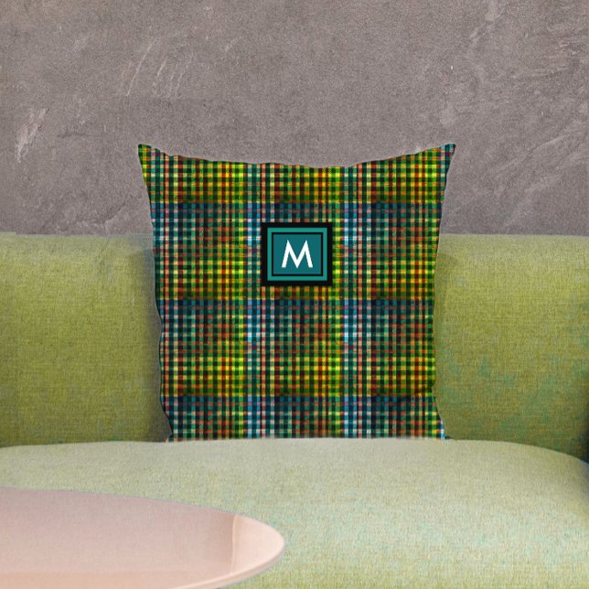 Coussin Motif carreaux tartan vert classique avec monogram (Créateur téléchargé)
