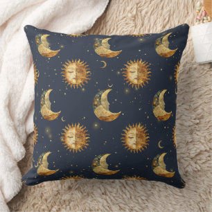 Coussin Motif Céleste Soleil & Lune Nuit Étoilée Dorée