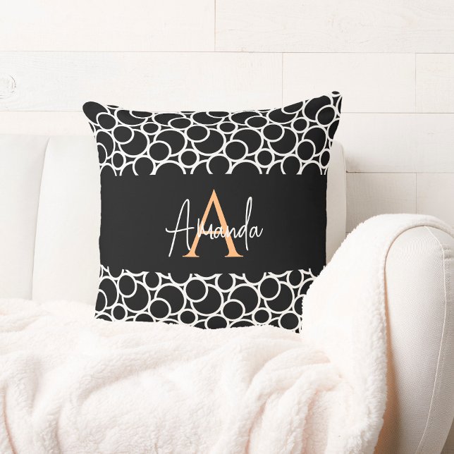Coussin Motif Cercle noir et blanc avec Monogramme (Créateur téléchargé)