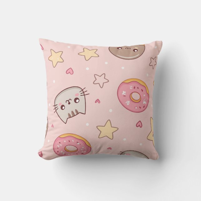 Coussin Motif Chat Mignon, Donut et Étoile  (Recto)