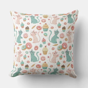 Coussin Motif Chats Mignons & Cupcakes - Art Kawaii de Cha