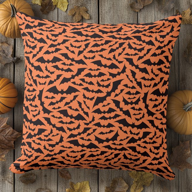 Coussin Motif chauve orange noir Halloween (Bat pattern orange black Halloween Throw Pillow)