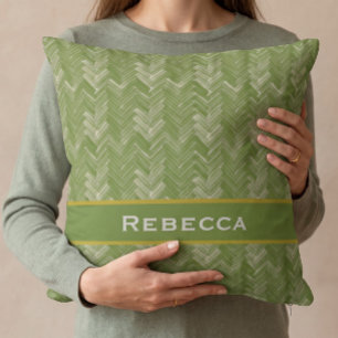 Coussin Motif Chevron en Hareng Vert Forêt Monogramme