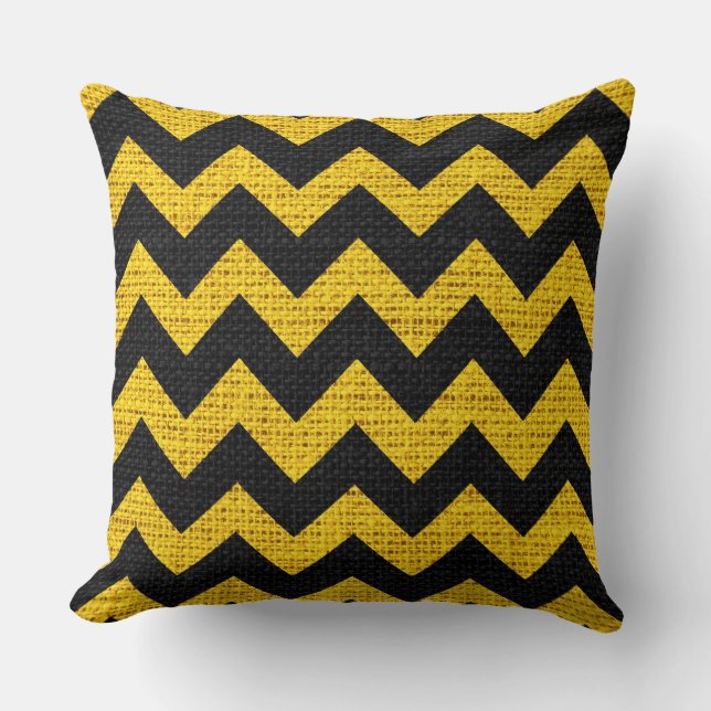 Coussin Motif Chevron noir et jaune Burlap Rustique Jute (Recto)
