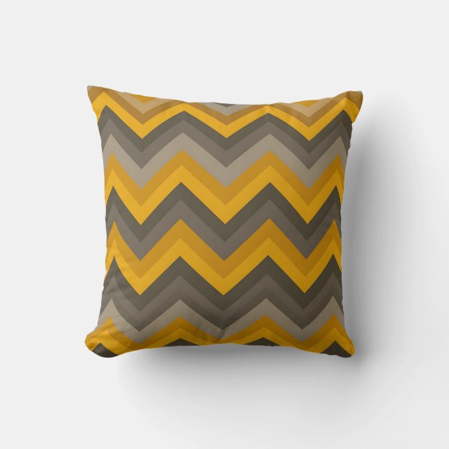 Coussin Motif Chevron Rétro Jaune Moutarde Gris  (Recto)