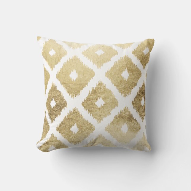 Coussin Motif chic moderne d'ikat de feuille d'or de faux (Recto)
