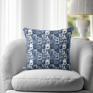 Coussin Motif Chien Patchwork Bleu et Blanc