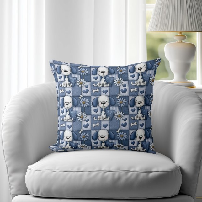 Coussin Motif Chien Patchwork Bleu et Blanc (Créateur téléchargé)