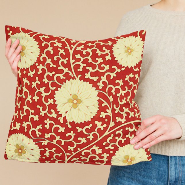 Coussin Motif chinois Dahlia en rouge et crème (Créateur téléchargé)