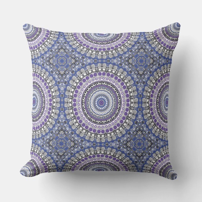 Coussin Motif circulaire géométrique mandala bleu et viole (Recto)