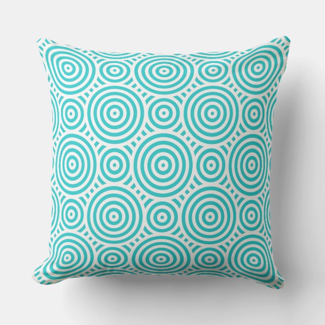Coussin Motif circulaire imbriqué Turquoise et Blanc (Recto)