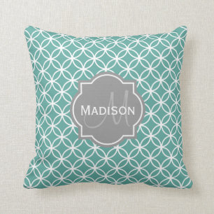Coussin Motif circulaire Turquoise monogramme