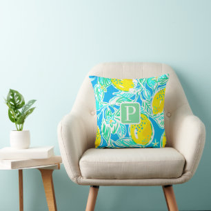 Coussin Motif citron élégant et monogramme bleu