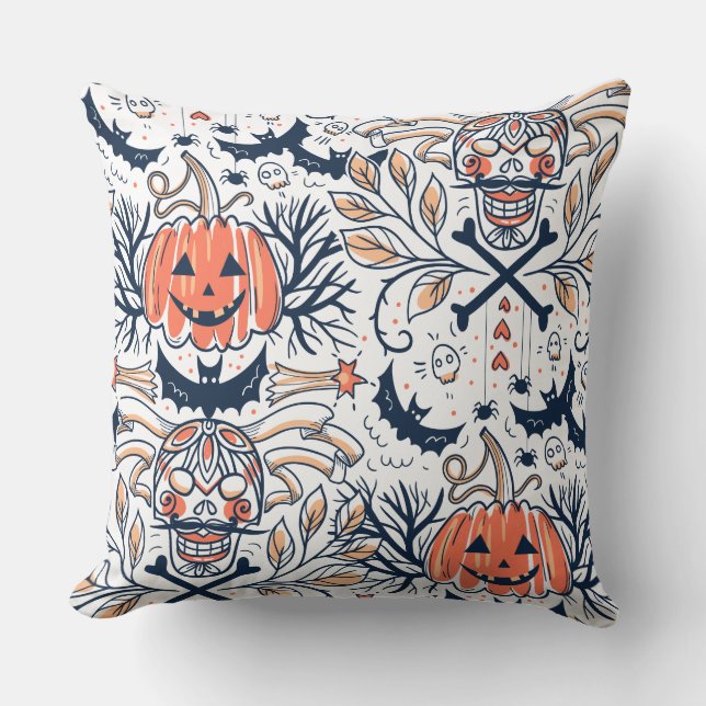 Coussin Motif Citrouille du crâne d'Halloween foncé comple (Recto)