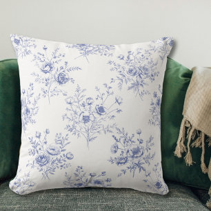 Coussin Motif classique de fleurs bleues Toile bleue franç