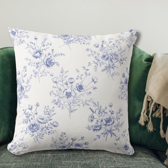Coussin Motif classique de fleurs bleues Toile bleue franç (In situ)