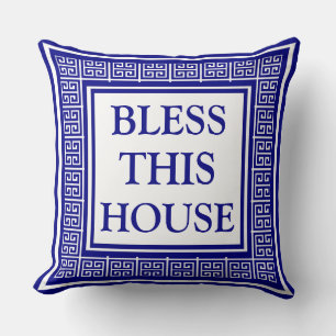 Coussin Motif clé grec bleu élégant Bénissez cette maison