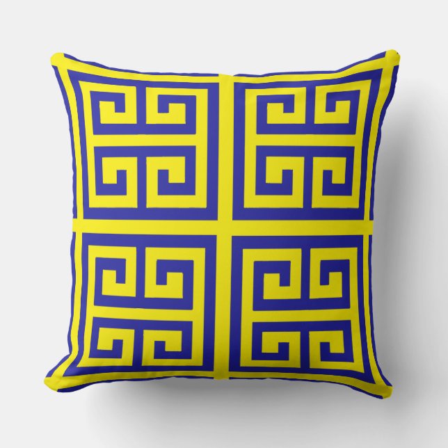 Coussin Motif clé grec bleu tendance sur jaune (Recto)