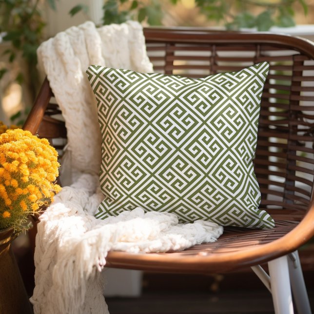 Coussin Motif clé grec vert olive et blanc (Créateur téléchargé)