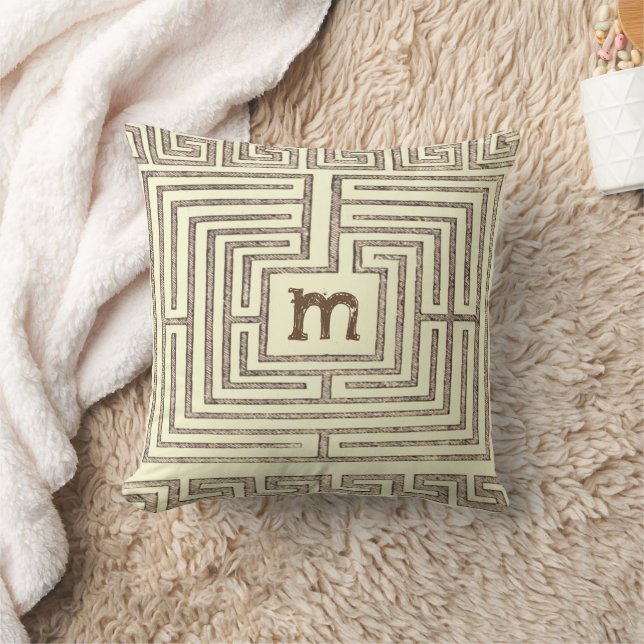 Coussin Motif Clé Grecque Tribale Monogramme Brun Tan (Couverture)