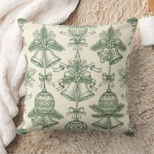 Coussin Motif cloches et ornements de Noël Toile verte