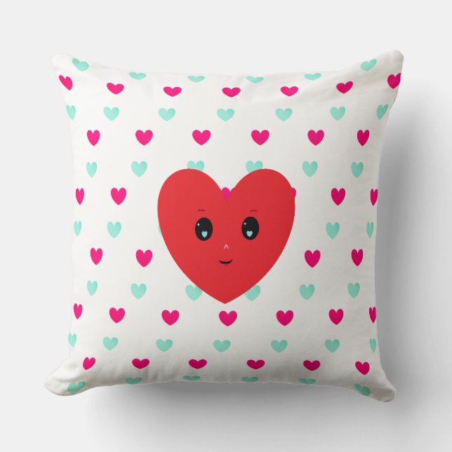 Coussin Motif Cœur Bleu & Rouge sur Fond Blanc (Recto)