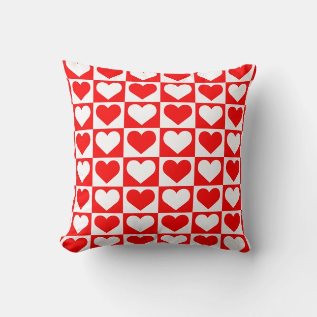Coussin Motif Cœurs Damier - Rouge et Blanc (Recto)