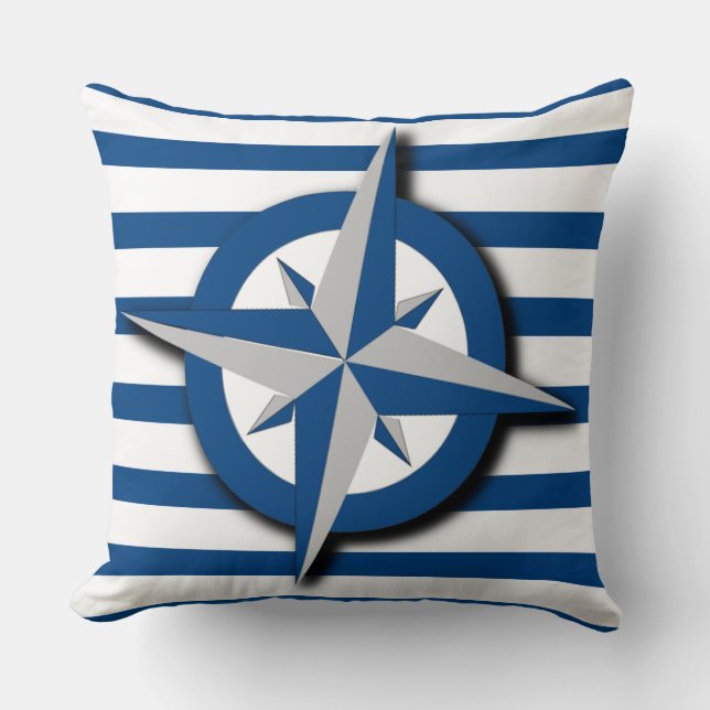 Coussin Motif compas et rayures inspiré du nautisme (Recto)