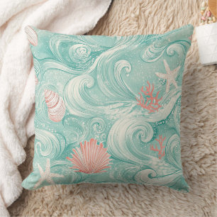 Coussin Motif Coquillages et Vagues Océaniques (3)