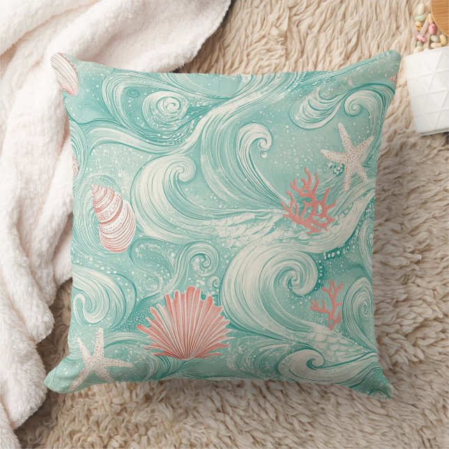 Coussin Motif Coquillages et Vagues Océaniques (3) (Couverture)