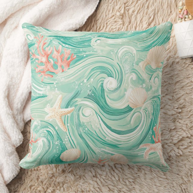 Coussin Motif Coquillages et Vagues Océaniques (8) (Couverture)