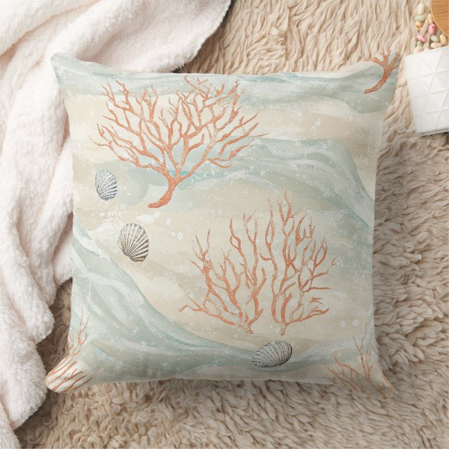 Coussin Motif corail côtier à l'aquarelle Boho Luxe (3) (Couverture)