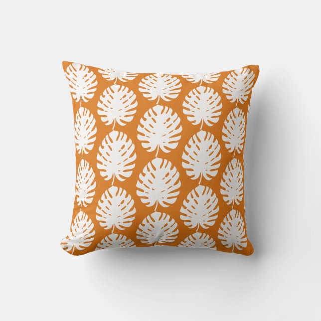 Coussin Motif côtier feuille de Monstera orange kaki  (Recto)
