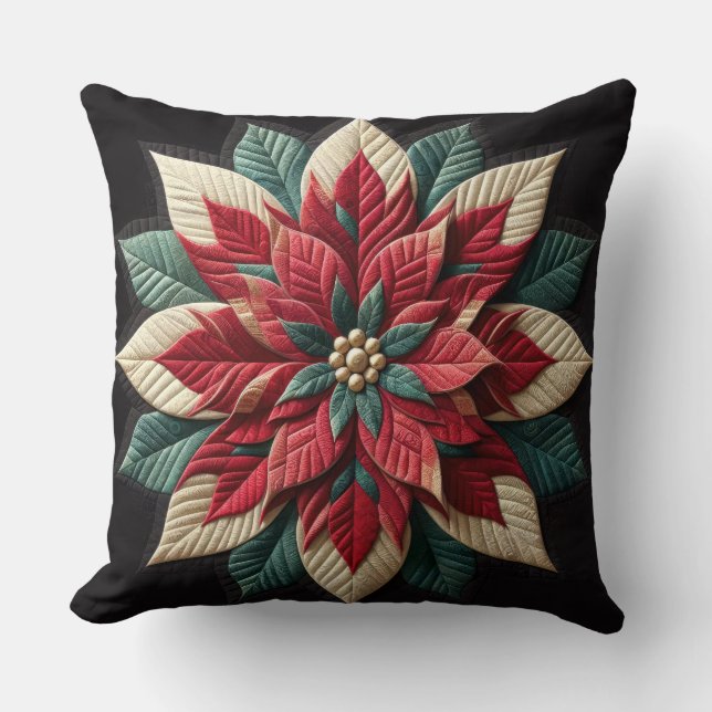 Coussin Motif courbé Poinsettia Noir (Recto)