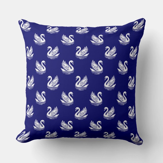 Coussin Motif cygne 02 - Blanc sur bleu marine profond (Recto)