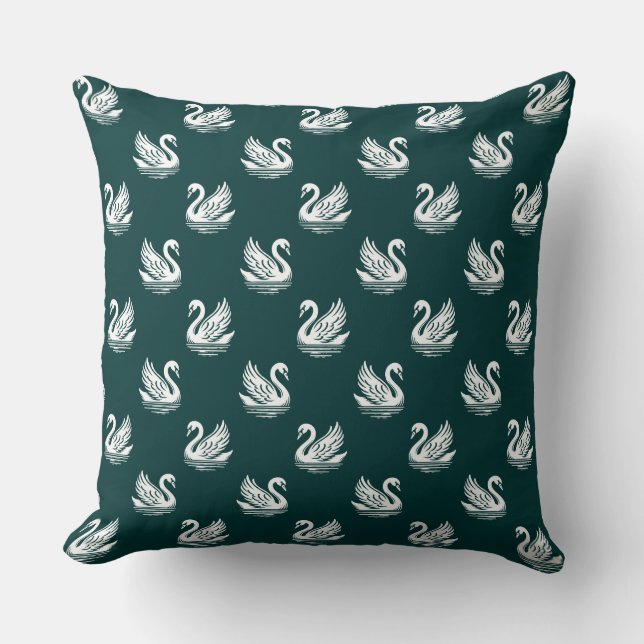 Coussin Motif cygne 02 - Blanc sur Vert foncé (Recto)