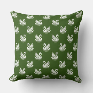 Coussin Motif cygne 02 - Blanc sur vert forestier