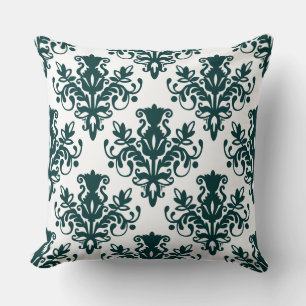 Coussin Motif Damask 02 - Vert mousse foncé sur blanc