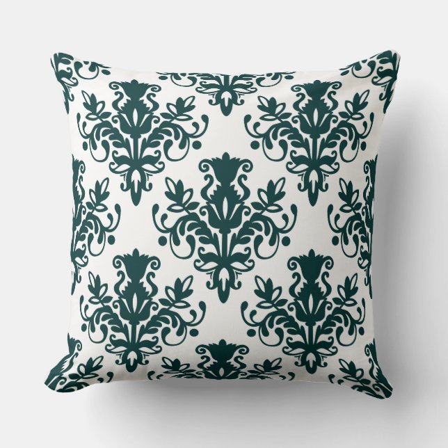 Coussin Motif Damask 02 - Vert mousse foncé sur blanc (Recto)