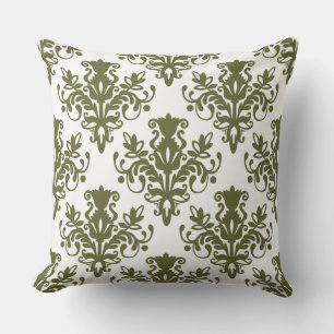 Coussin Motif damassé 02 - Olive foncé sur blanc