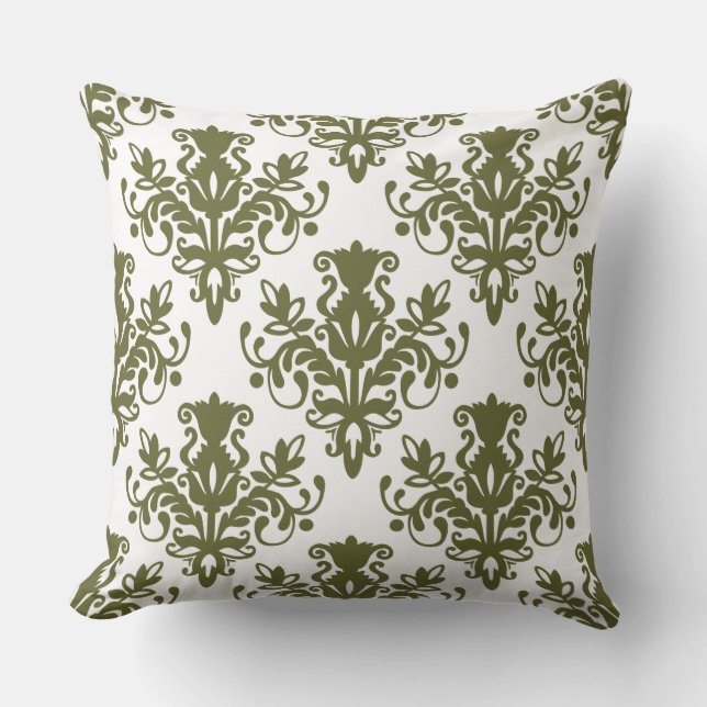 Coussin Motif damassé 02 - Olive foncé sur blanc (Recto)