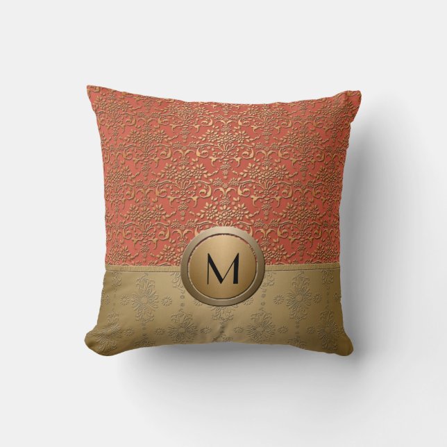 Coussin Motif damassé à monogramme corail et or (Recto)