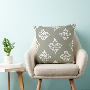 Coussin Motif damassé à volutes (B) blanc sur vert