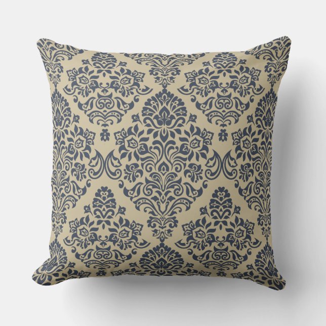 Coussin Motif damassé bleu et crème élégant (Recto)