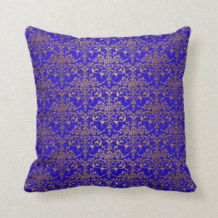 Coussin Motif damassé fantaisie bleu brillant et or