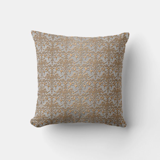 Coussin Motif damassé fantaisie or et gris (Recto)