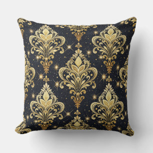 Coussin Motif damassé floral royal pailleté noir et or