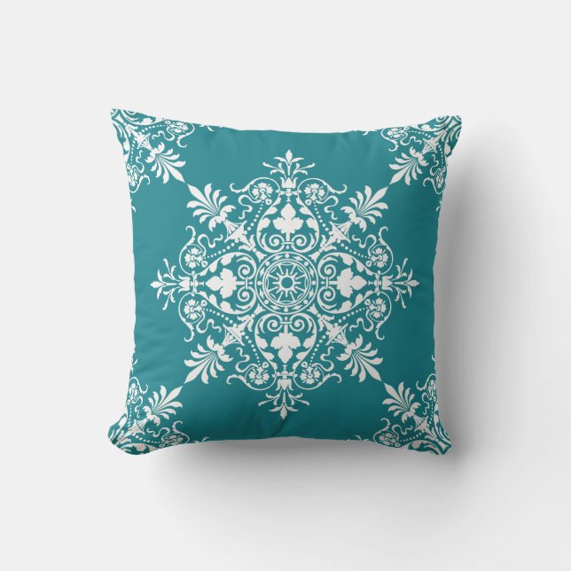 Coussin Motif damassé floral turquoise élégant (Recto)