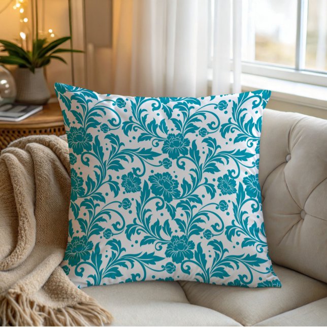 Coussin Motif damassé floral turquoise et blanc (Créateur téléchargé)
