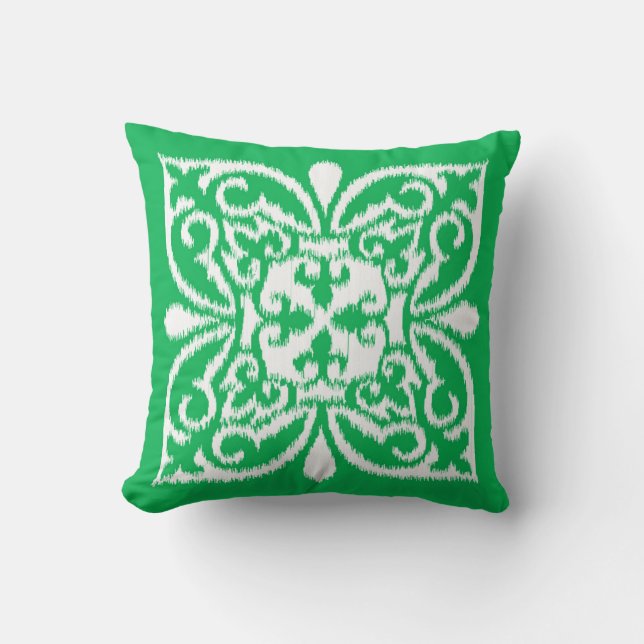 Coussin Motif damassé Ikat - vert jade et blanc (Recto)